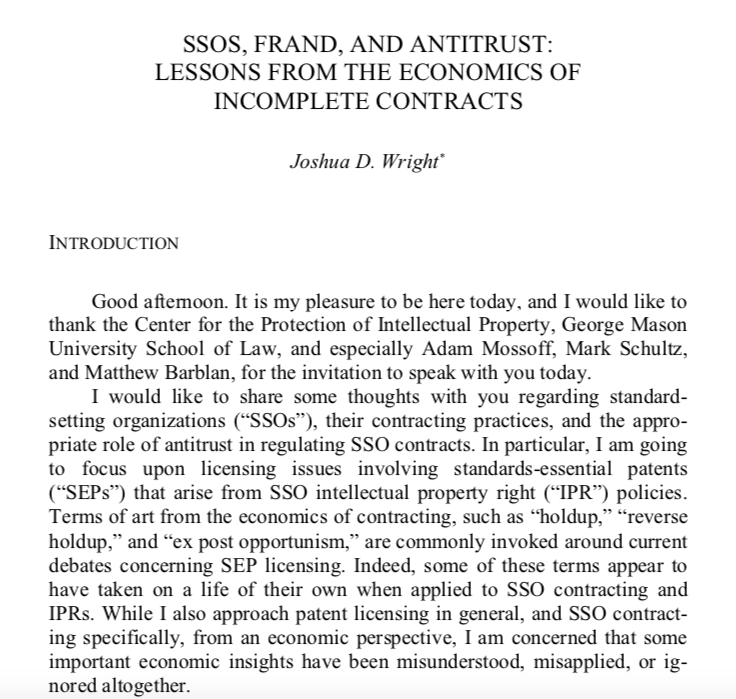 geomasonlrev's tweet image. @geomasonlrev is pleased to share that our article, "SSOs, FRAND, and Antitrust: Lessons from the Economics of Incomplete Contracts," written by @ProfWrightGMU, has been cited by the Ninth Circuit Court of Appeals in its recent opinion FTC v. Qualcomm Inc.