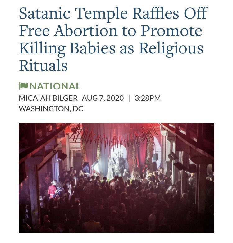 Had already mentioned this article in a thread on pagans and witchcraft, but it fits this thread as well. The Temple mentioned sells tickets for an auction with the grand prize being an abortion, read the article for details to be aware of that craziness  https://www.lifenews.com/2020/08/07/satanic-temple-raffles-off-free-abortion-to-promote-killing-babies-as-religious-rituals/