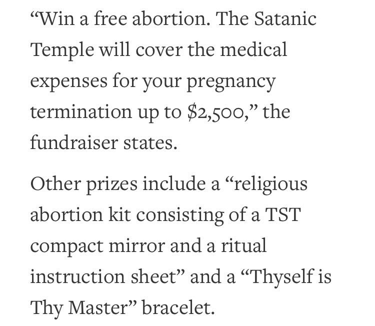 Had already mentioned this article in a thread on pagans and witchcraft, but it fits this thread as well. The Temple mentioned sells tickets for an auction with the grand prize being an abortion, read the article for details to be aware of that craziness  https://www.lifenews.com/2020/08/07/satanic-temple-raffles-off-free-abortion-to-promote-killing-babies-as-religious-rituals/