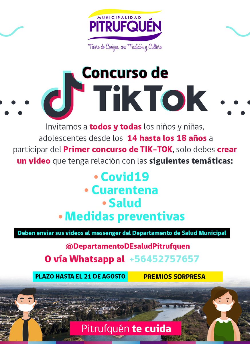 MPitrufquen's tweet photo. #PitrufquénTeCuida

¡Alerta de Concurso! 

Si tienes entre 14  y 18 años, aquí está tu oportunidad.

Participa del "Primer TikTok contra el Coronavirus". Organiza Municipalidad de Pitrufquén, a través del @Dsm y del CECOSF de Ultraestación.

¡ No te quedes sin participar ! https://t.co/KxgMypyOPw