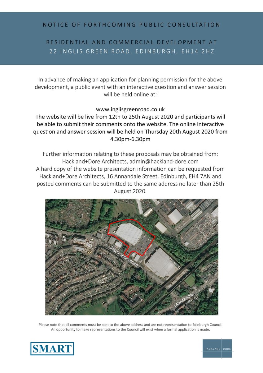 HutchChesserCC's tweet photo. Please see the below Proposal of Application Notice 20/01816/PAN at 22 Inglis Green Road, Edinburgh. This will be an online and interactive PAN public event available to the general public from Wednesday 12th August to Tuesday 25th August 2020 https://t.co/twfiQKRYnP