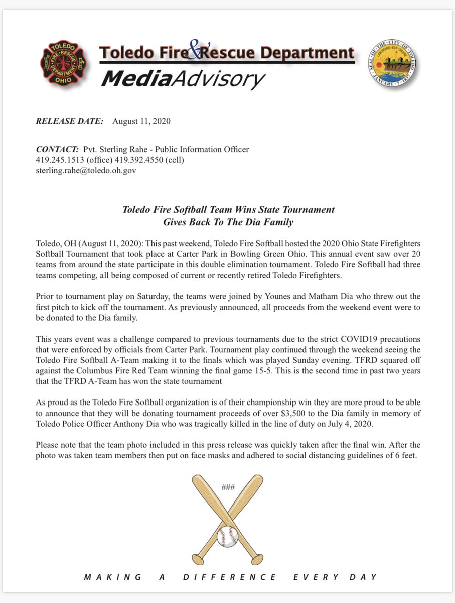 ToledoFire's tweet photo. Toledo Fire &amp; Rescue Department
Media Advisory
RELEASE DATE: August 11, 2020

TFRD Softball Wins State Tournament - Gives Back To The Dia Family

Toledo, OH (Aug 11, 2020): Toledo Fire Softball hosted the 2020 Ohio State Firefighters #fullstory ➡️ https://t.co/Xw4xo4D1QJ https://t.co/JKeleMFuvK