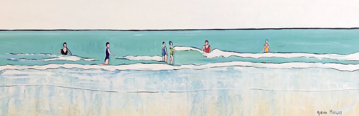 ‘Brave Souls, #Portstewart Strand’ 30 x 10 inches.  Nothing quite like a refreshing dip in the #Atlantic...once you get over the initial shock! #NoWetSuits #PortstewartStrand #Seaswimmers #CoastalArt #BeachLife #CoastalInteriors
