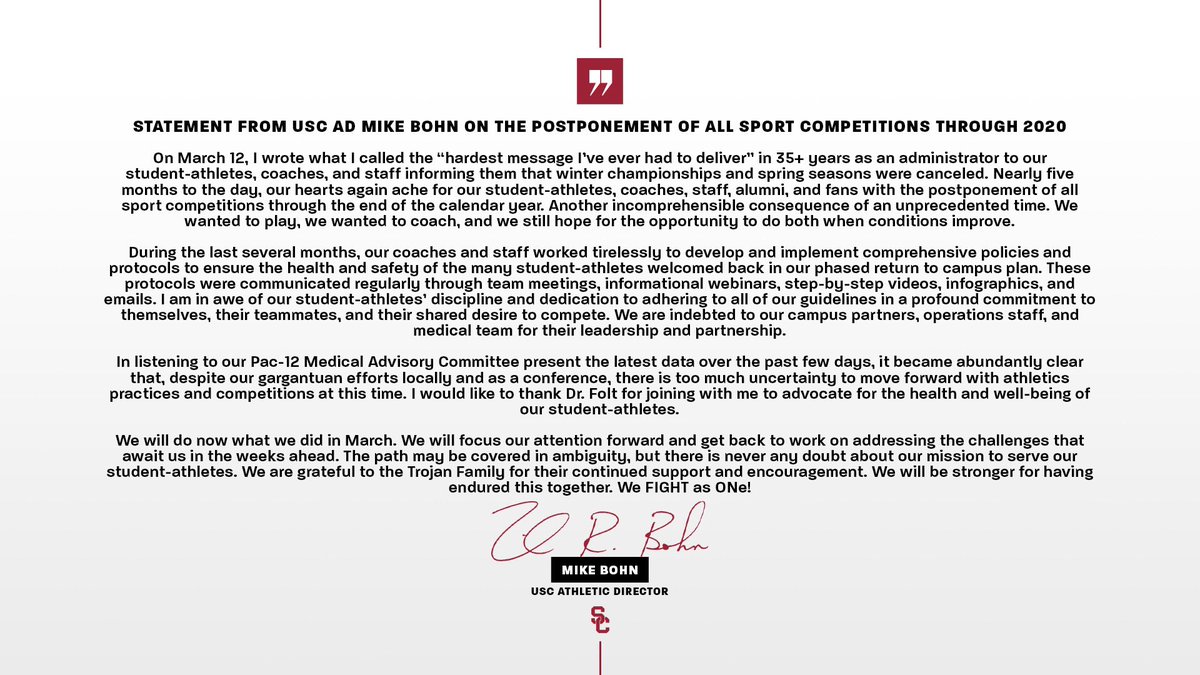 The <a href="/pac12/">Pac-12 Conference</a> has announced that all athletic competitions are postponed through the end of 2020. #FightOn