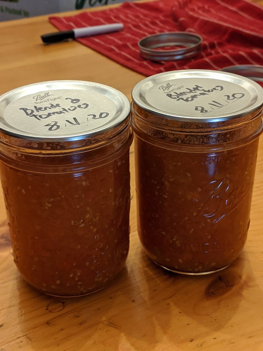 2 pints blended tomatoes. I spent too much time blanching, coring, and peeling whole tomatoes last year. This season, I'll simply blend whole tomatoes in my food processor and water bath can with citric acid and salt.