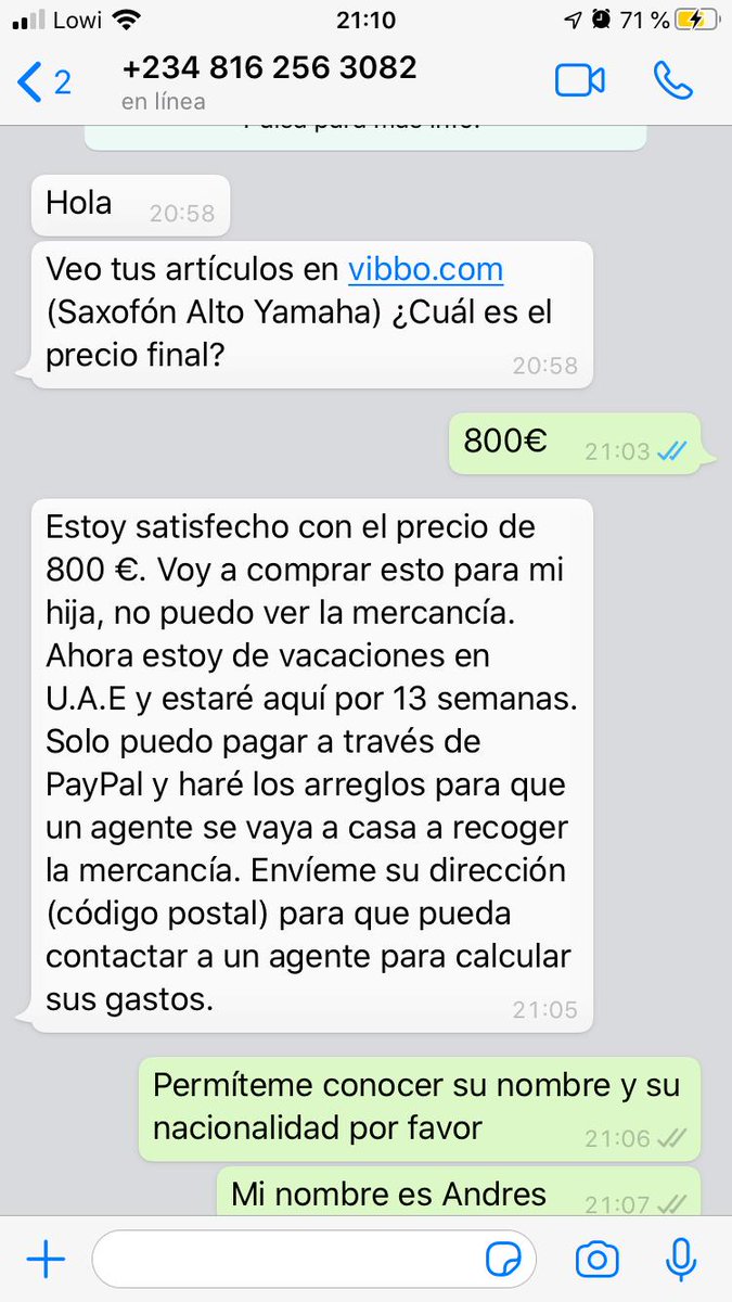 AGalan10's tweet photo. @policia @guardiacivil Les comparto un pantallado de una persona que me ha intentado estafar para que puedan investigarlo y comunicar sobre ello. Por suerte investigué un poco el numero antes de dar más datos. https://t.co/XmPAEWb5Sn