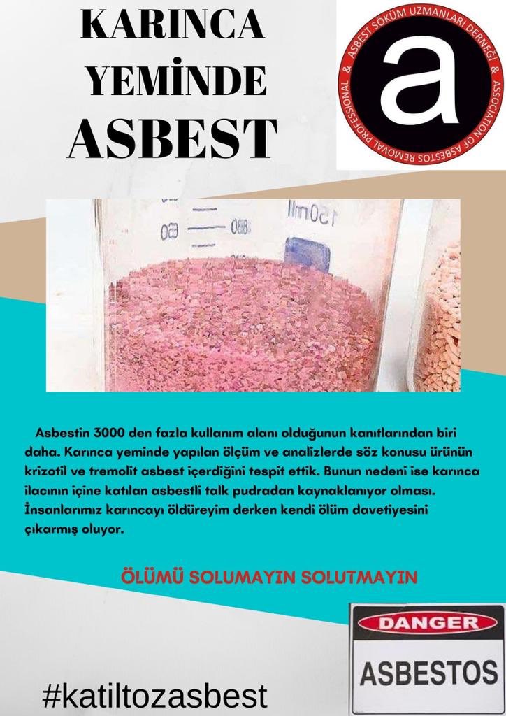 Asbest Farkındalık serisi,
KARINCA YEMİNDE ASBEST
Karınca öldüreyim derken KANSER OLMAYIN!
#katiltozasbest 
<a href="/odmanasli/">Aslı Odman</a> <a href="/Mikdatca/">Mikdat Kadıoğlu</a> <a href="/OzlemAgirmanTR/">Özlem Ağırman 🇹🇷</a> <a href="/ilimlevebilimle/">haber</a> @MzyenSEvkin @ustadsavas @hale052 <a href="/gemini_ist/">Ebru</a> @baharyergin <a href="/Ayhnaydmr1/">Ayhnaydmr</a> <a href="/BirGun_Gazetesi/">BirGün Gazetesi</a> <a href="/GazeteMuz/">gazete muz</a> <a href="/arzuonayy/">Arzu Onay</a> <a href="/BurakUp/">Burak Up</a>