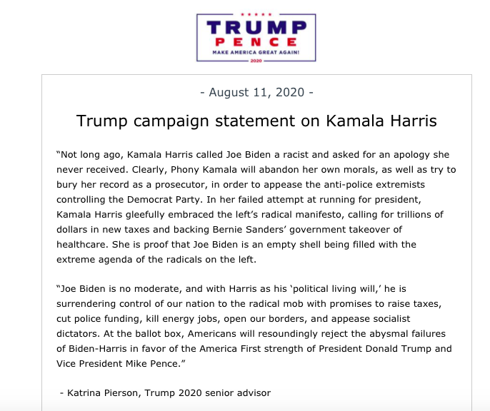 Yamiche Alcindor On Twitter Katrina Pierson Trump 2020 Senior Advisor Releases First Campaign Statement On Kamalaharris It Includes A Misleading Statement Not Long Ago Kamala Harris Called Joe Biden A Racist