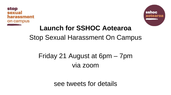 sshocaotearoa's tweet photo. SSHOC Aotearoa welcomes you to our official launch on Friday next week via zoom! Join @nicgaston, Angela Wanhalla (@HomeMaori) and @thekaylitaylor discussing our work towards Uni campuses free from discrimination, bullying and sexual harassment. Zoom link: https://t.co/9nMBCAESle https://t.co/3tCJ1k8uiH
