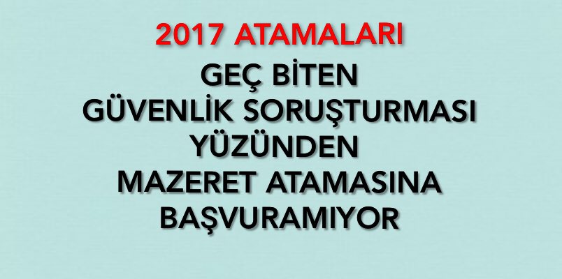 Mazeret tayini için süre değil, mazeret esastır. Güvenlik soruşturmalarının yapılması ve uzamasının sorumlusu öğretmen arkadaşlarımız değildir. Arkadaşlarımızın göreve başlama değil, atama tarihleri esas alınmalıdır.
Meb2017ler TayinBekliyor <a href="/ziyaselcuk/">Ziya Selçuk</a>  <a href="/omerinan06/">Ömer İNAN</a>