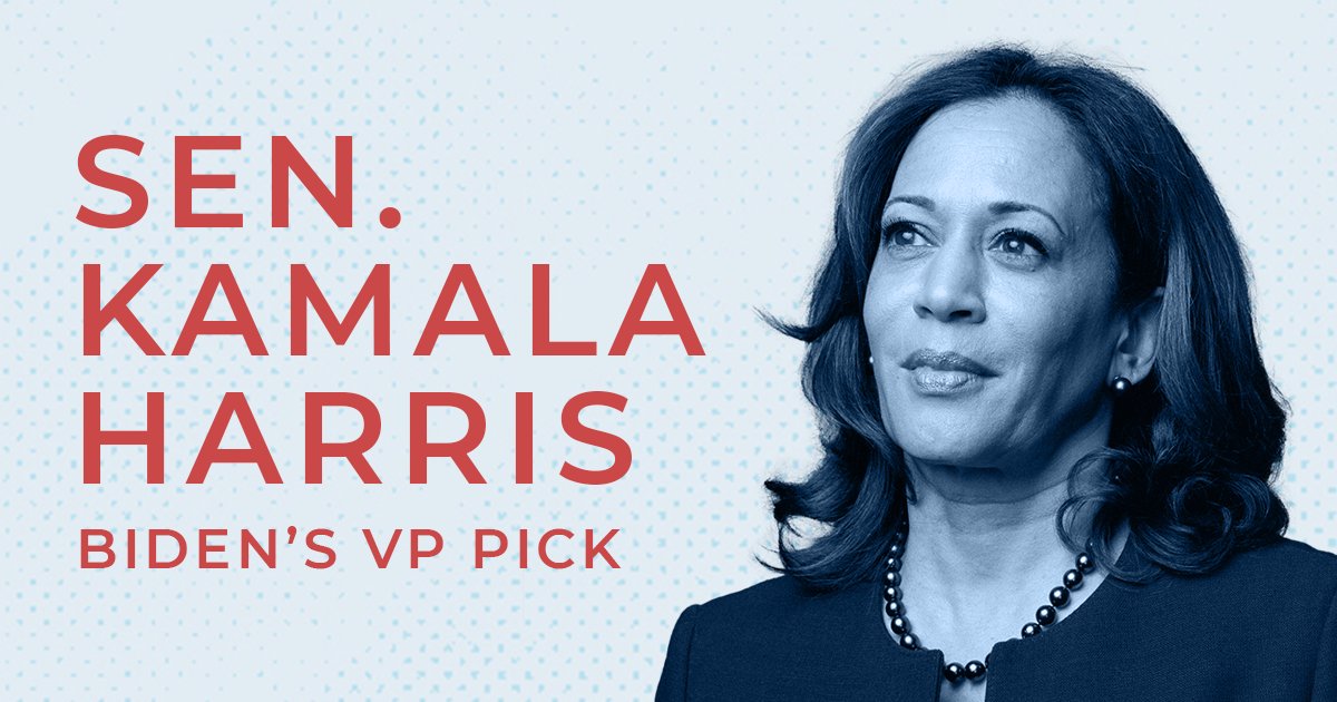 We’re thrilled to hear that  @KamalaHarris is  @JoeBiden’s choice for Vice President. She brings energy and historic diversity to the Democratic ticket as the first Black and South Asian woman to be a Vice Presidential nominee.