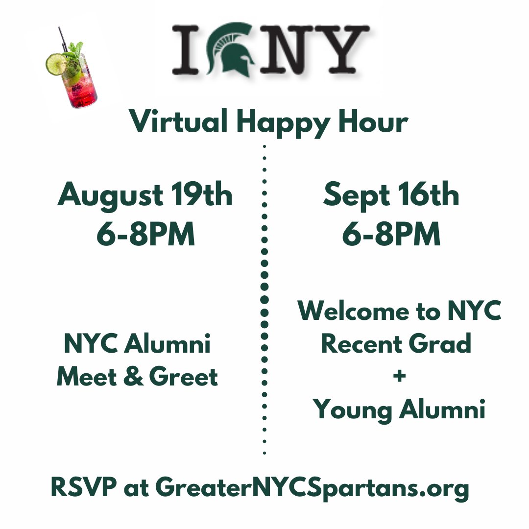 NYC_Spartans's tweet photo. Join us for one (or both) of our upcoming virtual happy hour events! With in person gatherings limited and football season off the table we want to make sure we're still giving our local alumni a chance to connect. RSVP at https://t.co/NoGcizHQbw https://t.co/MLQt5clB0M