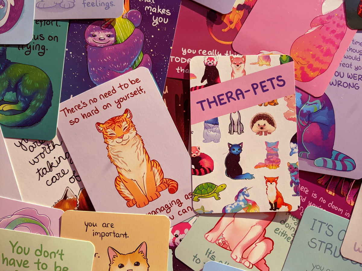 Thera-pets card deck is officially out today, yaaaay!

I find these cards useful to flip through when I'm feeling panicked or stressed, and they also make cute daily pick-me-ups when tacked on a mirror or fridge.

US: https://t.co/idAKD4D6QQ 
Intl: https://t.co/tkR5SjzNf1 