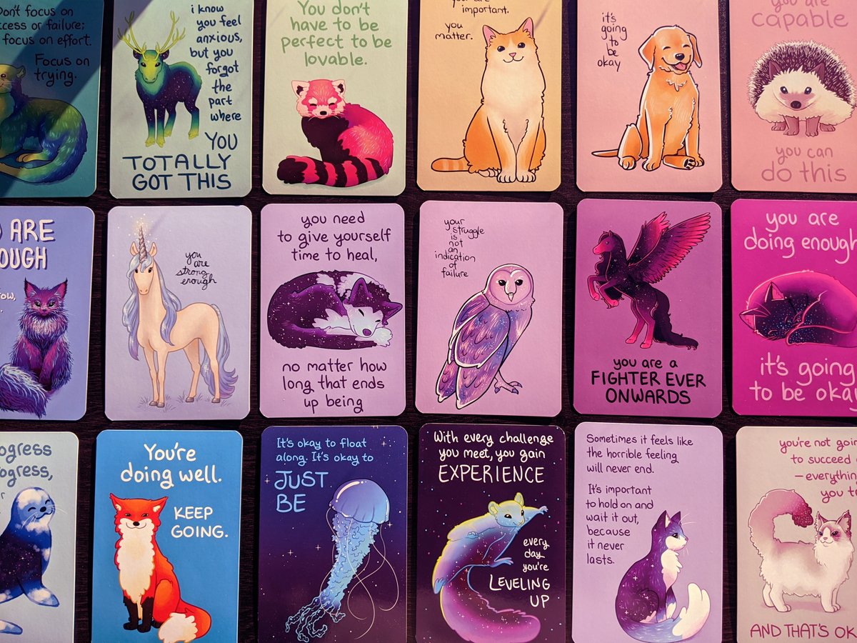 Thera-pets card deck is officially out today, yaaaay!

I find these cards useful to flip through when I'm feeling panicked or stressed, and they also make cute daily pick-me-ups when tacked on a mirror or fridge.

US: https://t.co/idAKD4D6QQ 
Intl: https://t.co/tkR5SjzNf1 
