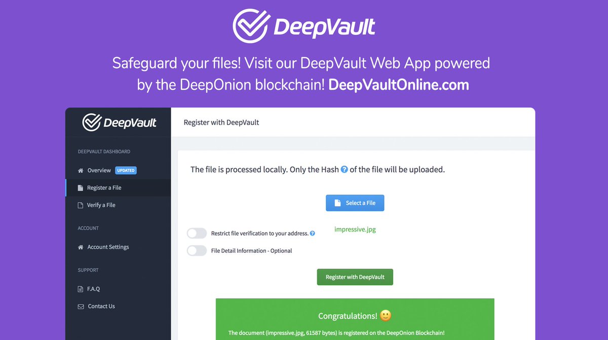 DeepVault is a blockchain notary that allows you to store file validation credentials within the blockchain.

DeepVault is powered by the DeepOnion blockchain.

Visit our DeepVault Web Application: DeepVaultonline.com 

#deepvault #blockchain #deeponion #cryptocurrency $ONION