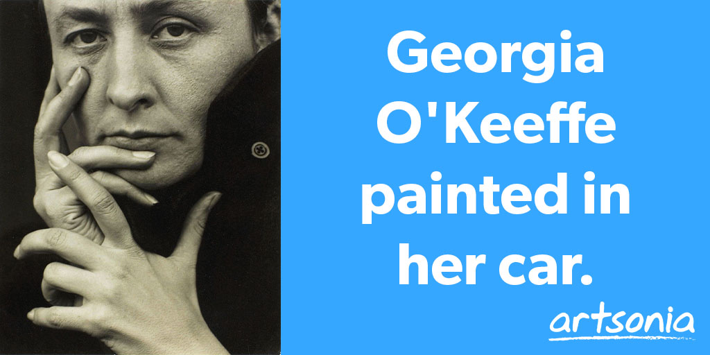 Artsonia's tweet photo. Georgia O'Keeffe painted in her car, so she could paint outdoors while shielding herself from bees and the intense desert sun. Her car was a customized Model-A Ford. She could detach the front seats and turn them to face the back seat, which was used to hold up her canvases. https://t.co/ZfiHBkq27b
