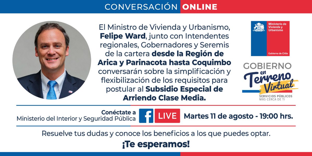 Gob_Interior's tweet photo. 🔴 ZONA NORTE 🔴Te invitamos hoy a una jornada de #GobiernoEnTerrenoVirtual donde conversaremos con el Ministro de Vivienda y Urbanismo Felipe Ward para conocer como postular al Subsidio Especial de Arriendo Clase Media. #AricaYParinacota #Tarapaca #Antofagasta #Atacama #Coquimbo https://t.co/XATrm9YOSo