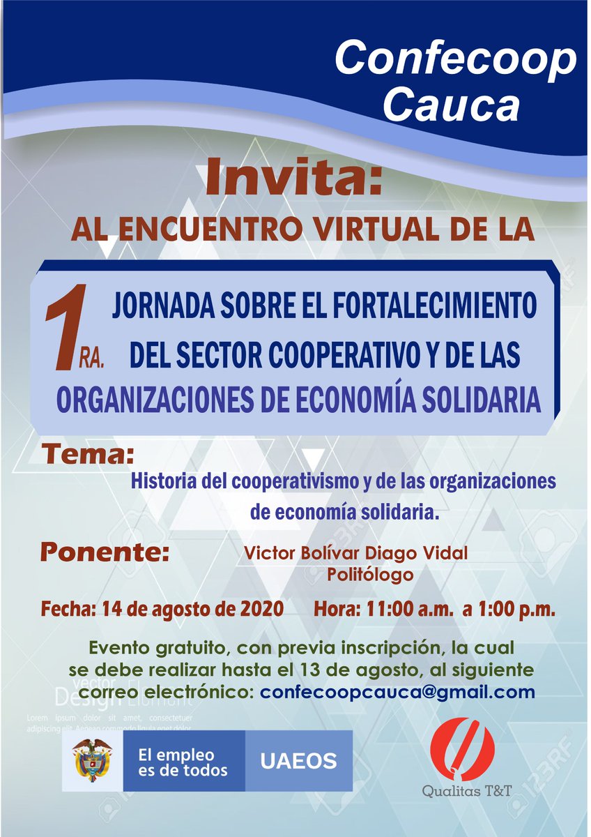 QualitasTT's tweet photo. #ConfecoopCauca y @OrgSolidarias te invitan al evento gratuito sobre historia del cooperativismo y de las organizaciones solidarias. 

🗓️ Viernes 14 de agosto 
⏰ 11:00 a.m. - 01:00 p.m.
💻 confecoopcauca@gmail.com 
No olvides realizar tu inscripción previamente al día del evento https://t.co/RkVat2aGtp