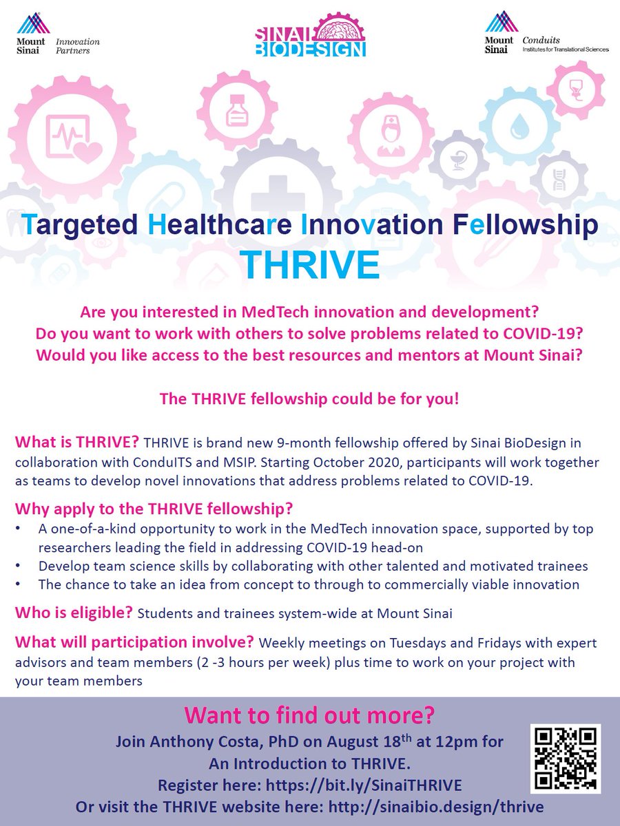 SinaiBioDesign's tweet photo. We are excited to launch the Targeted Healthcare Innovation Fellowship, #SinaiTHRIVE, a year-long innovation program for students and trainees @MountSinaiNYC to collaborate as teams with faculty mentors to develop #MedTech #COVID solutions. https://t.co/AKoLWcnLyd
