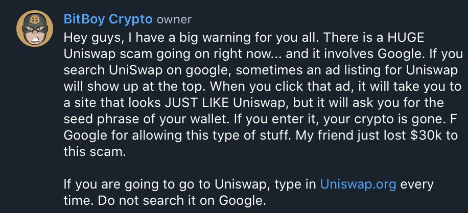 DiscoverCrypto's tweet photo. URGENT WARNING FOR ANYONE USING #UNISWAP. Please click the image to read it.

@Google you should be ashamed. Whoever runs @GoogleAds is FAILING MISERABLY. On YouTube where scammers get ads through and now on your own platform. https://t.co/zuXiAfOFyG