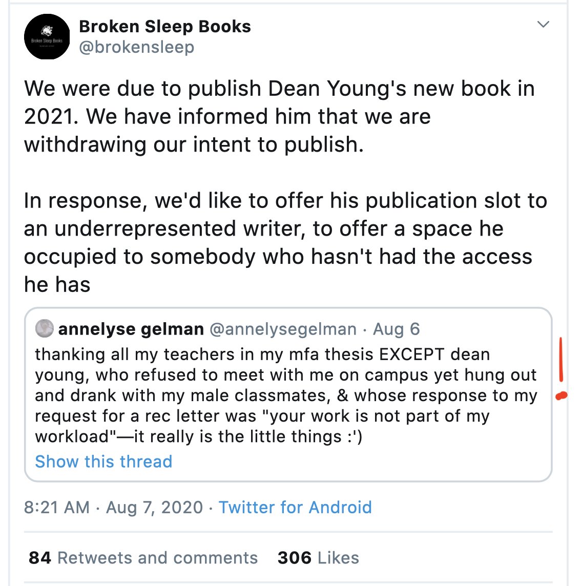 Also remarkable that the ex-student's complaint about this older male professor is that he *wouldn't* drink with her.(I wonder if Dean Young had a Mike Pence rule, and if anyone can blame him, given the sort of student he evidently had.)