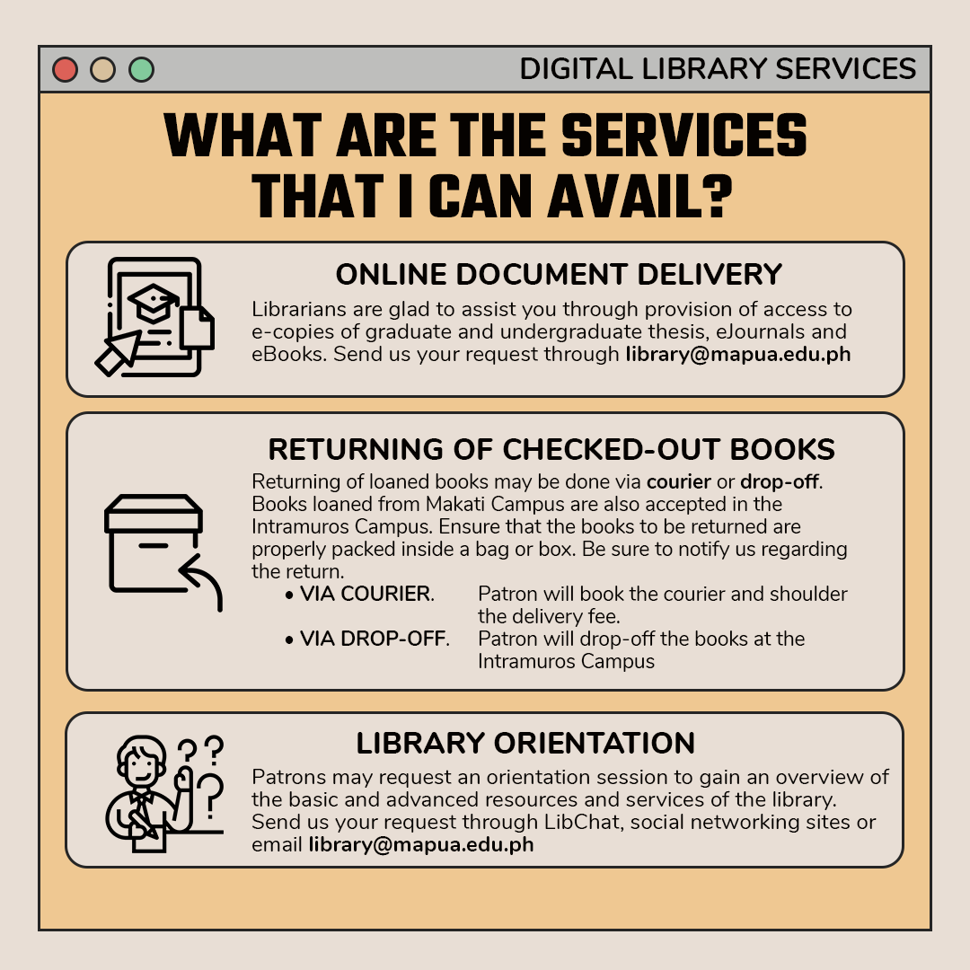 Mapua_Library's tweet photo. Here is a brief explanation on what services we offer you during this digital term. To know more about these services, feel free to message us so we can assist you. (2/2)
#MapuaLibrary
#LibraryFees https://t.co/mBia1uG0lH