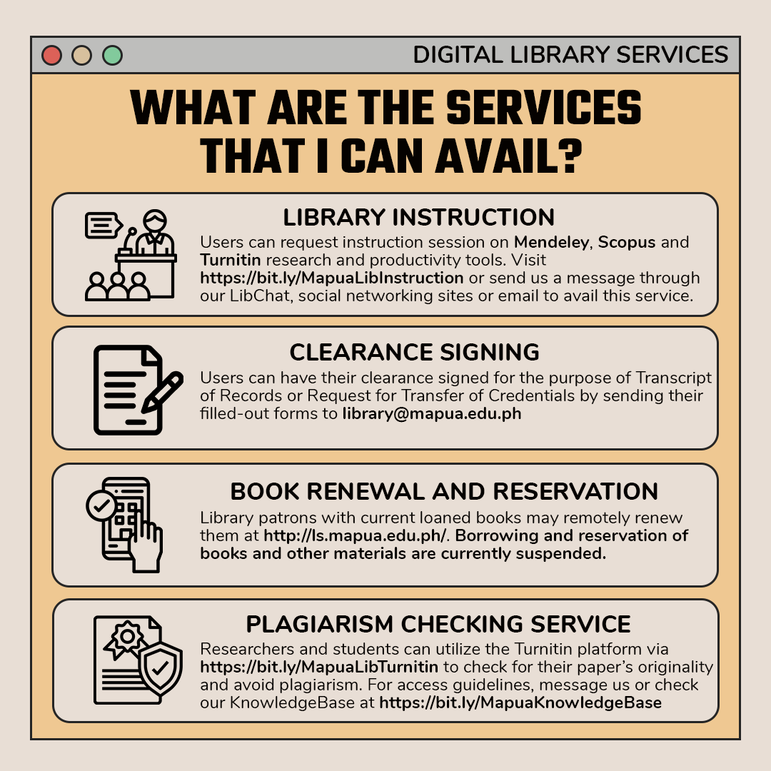 Mapua_Library's tweet photo. Here is a brief explanation on what services we offer you during this digital term. To know more about these services, feel free to message us so we can assist you. (2/2)
#MapuaLibrary
#LibraryFees https://t.co/mBia1uG0lH