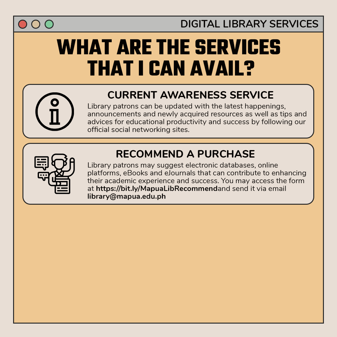Mapua_Library's tweet photo. Here is a brief explanation on what services we offer you during this digital term. To know more about these services, feel free to message us so we can assist you. (2/2)
#MapuaLibrary
#LibraryFees https://t.co/mBia1uG0lH