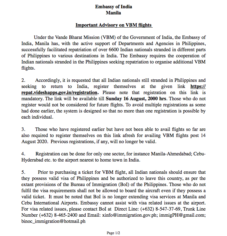 indembmanila's tweet photo. Important Advisory on VBM flights 

All Indian nationals still stranded in the Philippines and seeking to return to India are requested to read the entire advisory.

Link for registration :  https://t.co/qLB82ATmZq

Registration on this link is mandatory. 
#VandeBharatMission https://t.co/1id0ErP4rS