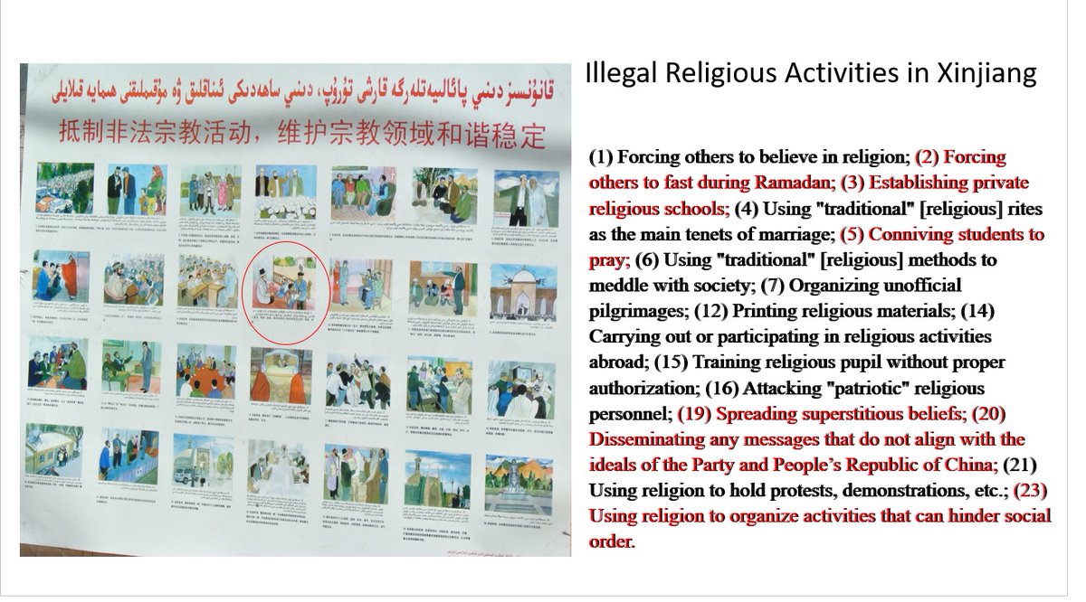 1/ If you travel to Uyghur communities unable to read and speak Uyghur and/or Chinese, you are essentially blind and deaf to the state's everyday violence. Let's begin in Kashgar with the "illegal religious activities" posted outside every religious site (take note of #20)
