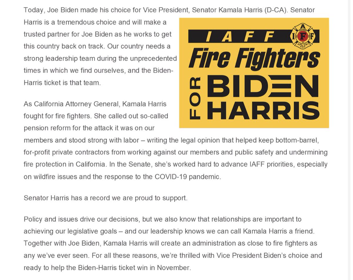 Together with <a href="/JoeBiden/">Joe Biden</a>, <a href="/KamalaHarris/">Kamala Harris</a> will create an administration as close to fire fighters as any we’ve ever seen. The IAFF is thrilled with Vice President Biden’s choice and ready to help the Biden-Harris ticket win in November.