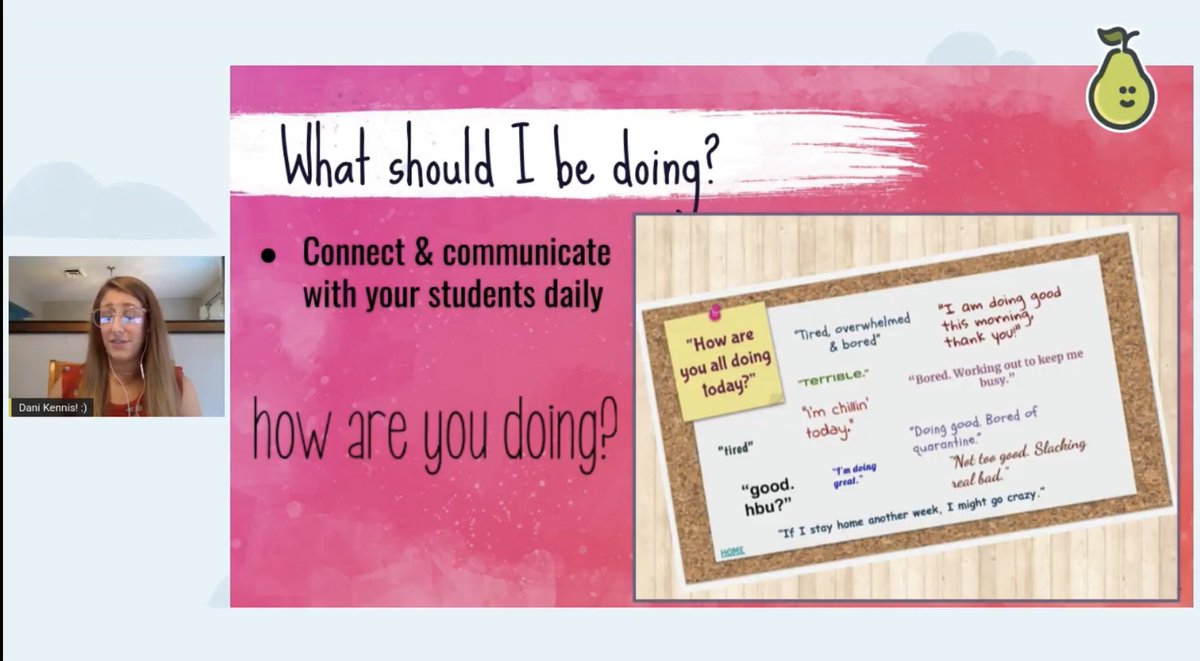 Mrs_SBrim's tweet photo. Just catching up on this wonderful @PearDeck PD session about community building during virtual teaching! Thank you for these great ideas and reminders @kennisdani #PairFairPD  🎡 https://t.co/CSnu3kJMWz