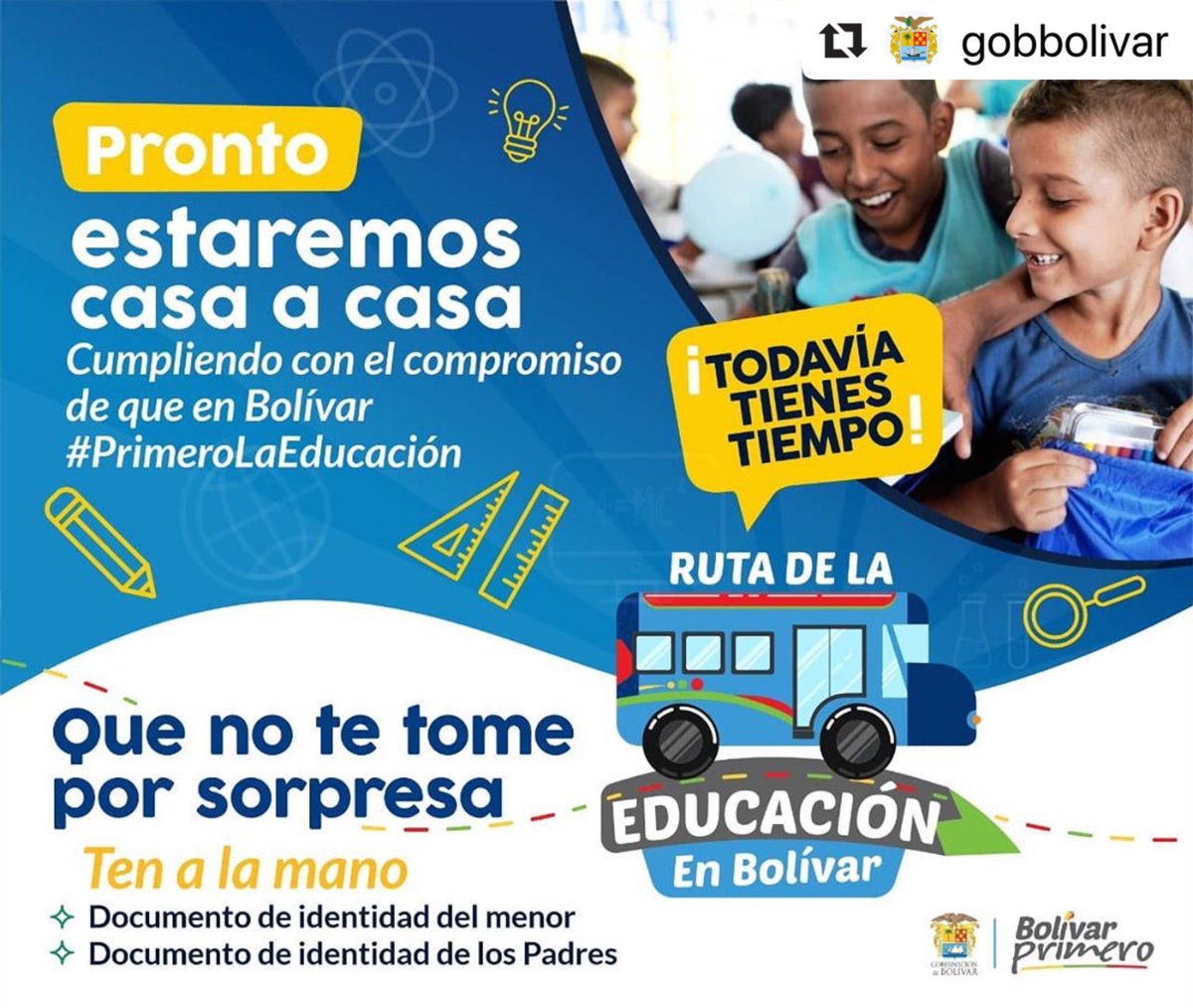 Secretaría de Educación (@sedbolivar) on Twitter photo ¡La Ruta de la Educación en Bolívar estará en tu casa!👩🏽🏫👨🏽🏫
Casa a casa estaremos visitando, con todas las medidas de protección, a los padres de familias que aún tienen tiempo de matricular en este año lectivo 2020 a sus hijos (as).
<a href="/MonterrosaVero/">Verónica Monterrosa</a> <a href="/GobDeBolivar/">Gobernación de Bolívar</a> ¡La Ruta de la Educación en Bolívar estará en tu casa!👩🏽🏫👨🏽🏫
Casa a casa estaremos visitando, con todas las medidas de protección, a los padres de familias que aún tienen tiempo de matricular en este año lectivo 2020 a sus hijos (as).
<a href="/MonterrosaVero/">Verónica Monterrosa</a> <a href="/GobDeBolivar/">Gobernación de Bolívar</a>