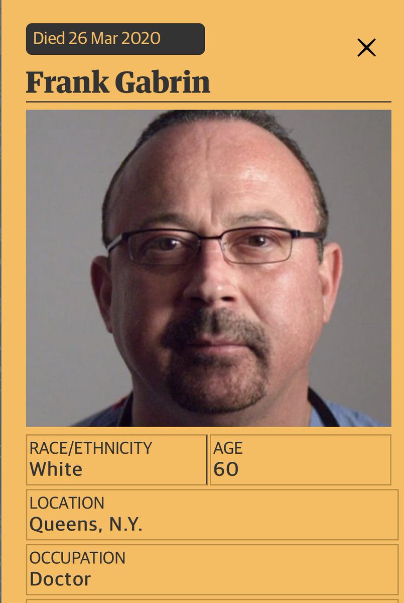 The first known emergency room physician to die in the US, Frank Gabrin, sent this text message to a friend: “Don’t have any PPE that has not been used.” He passed away only four days after developing symptoms, telling his husband in his final moments, “Baby, I can’t breathe.”