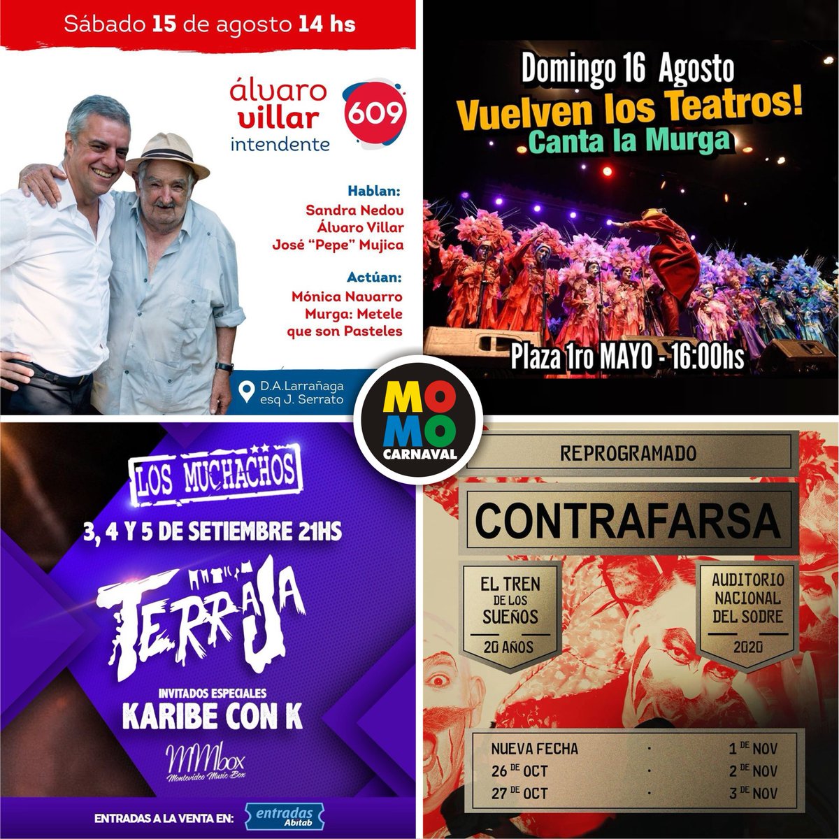 momo_carnaval's tweet photo. ¿Querías Carnaval?... 4 platos, agenda que hay para todos:

➡ AGOSTO (Sábado 15) - METELE QUE SON PASTELES
➡ AGOSTO (Domingo 16) - UN TITULO VIEJO
➡ SETIEMBRE (3, 4 y 5) - LOS MUCHACHOS
➡ NOVIEMBRE (1, 2 y 3) - CONTRAFARSA

(Pasteles y UTV con entrada libre). https://t.co/LipFfWljaC