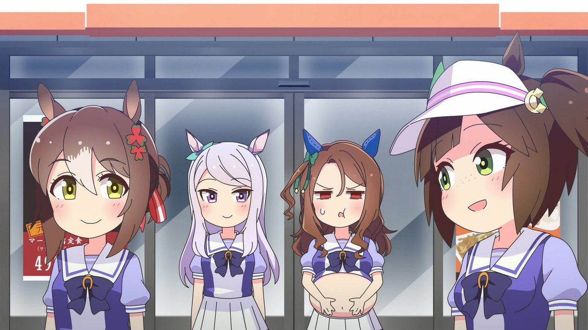 鳴神 A Twitter うまよん 第6話 今回ギャグマシマシでメジロマックイーンちゃんまで登場してるから満足度が段違いですね ラーメン屋とかスタバとかの謎注文システムは初心者には敷居が高いと思ってたけど 野屋も同様だったとは 引率のアイネスちゃんは