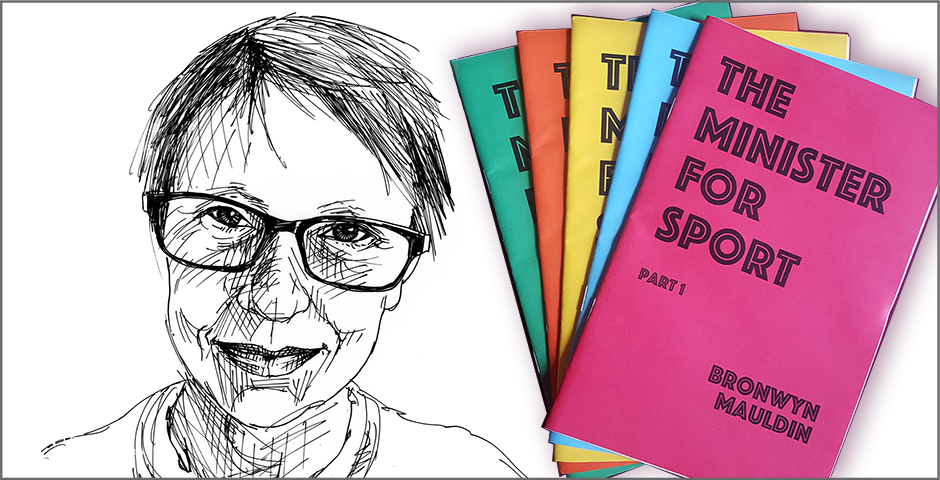 sketch of author and five colorful book covers
