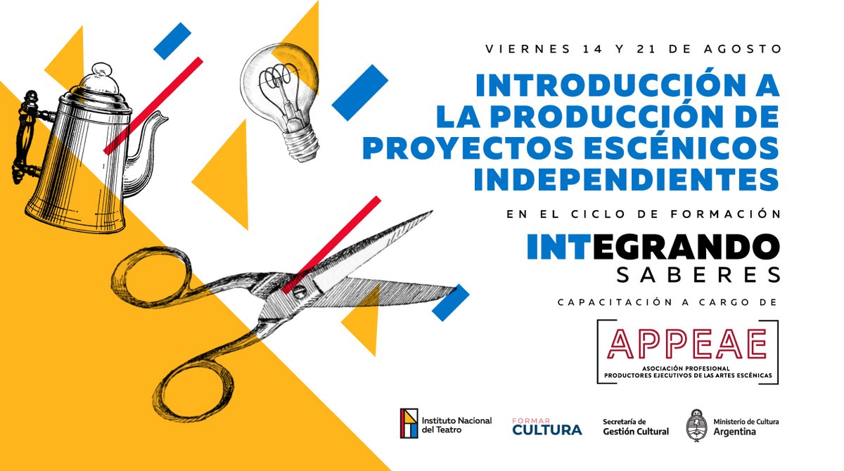 #INTegrandoSaberes | Comienza una nueva capacitación sobre producción de proyectos escénicos independientes a cargo de APPEAE. Las clases se transmitirán el 14 y el 21/8 a las 17 a través de #YouTube y de #FormarCultura, la plataforma de aprendizaje online de <a href="/CulturaNacionAR/">Cultura Nación</a>.