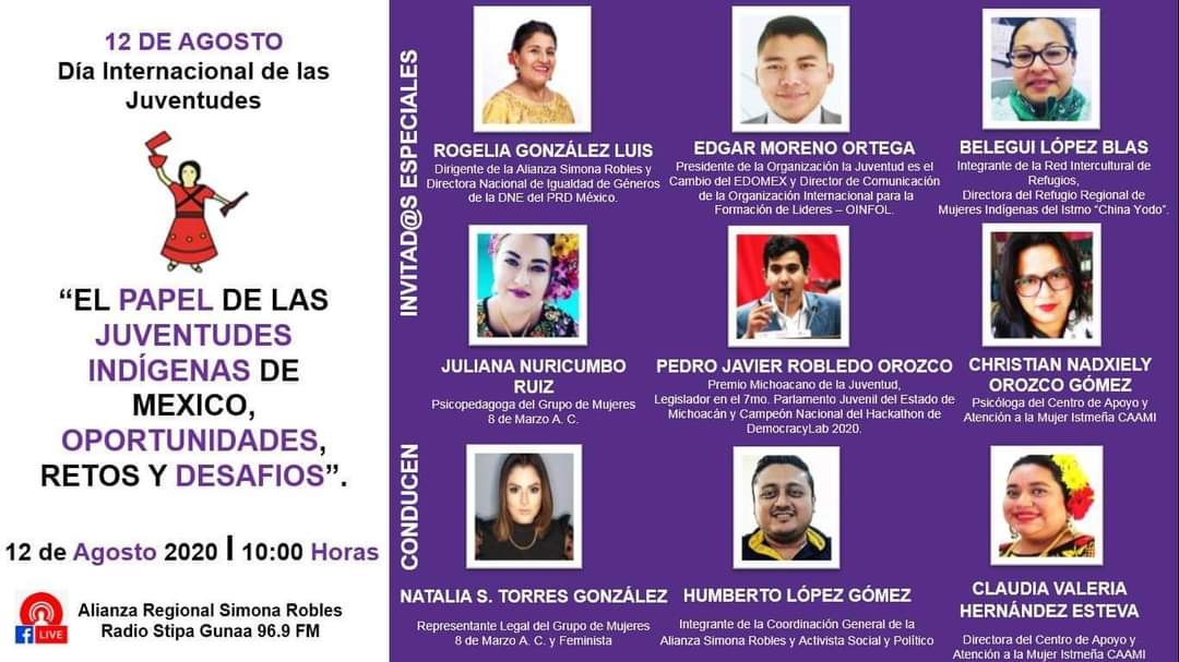 Mañana en el marco del Día Internacional de la Juventud, en punto de las 10:00 am estaré participando en el foro virtual El papel de las juventudes indígenas de México, oportunidades, retos y desafíos.
#SinMujeresNoHayDemocracia 
#JuventudesRumboAl2021 
#JuventudesIndígenas