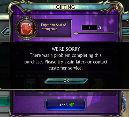 HBStreams's tweet photo. @Riftgame Hi guys! Is there any update on a fix for the Tarjentian Seal of Intelligence? Been trying to buy it for what feels like a week now and keep getting error messages ☹️ https://t.co/qT455bF5eV