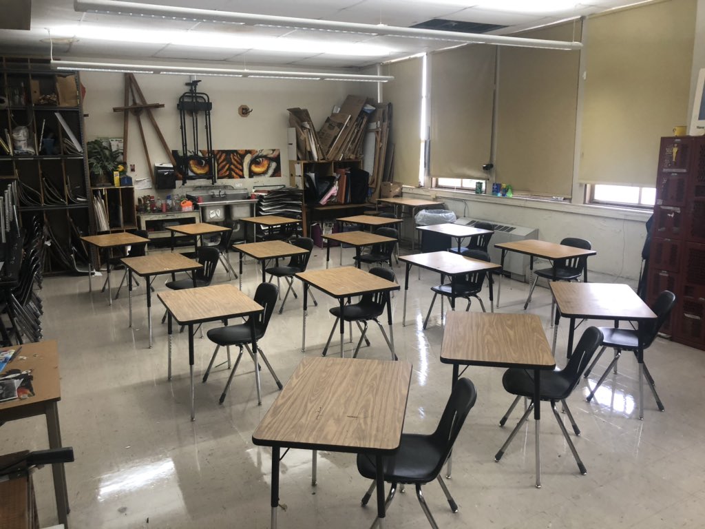 JasonMcCann77's tweet photo. Making my LRSD art room socially distant. I have a big room, but this is the best I can do. Here’s the new setup and how it’s usually arranged. Impossible to get safe spacing even with only 16 kids(most classes are 20-25) If you can, keep the kids home. It’s not safe https://t.co/i9A8A8UccT