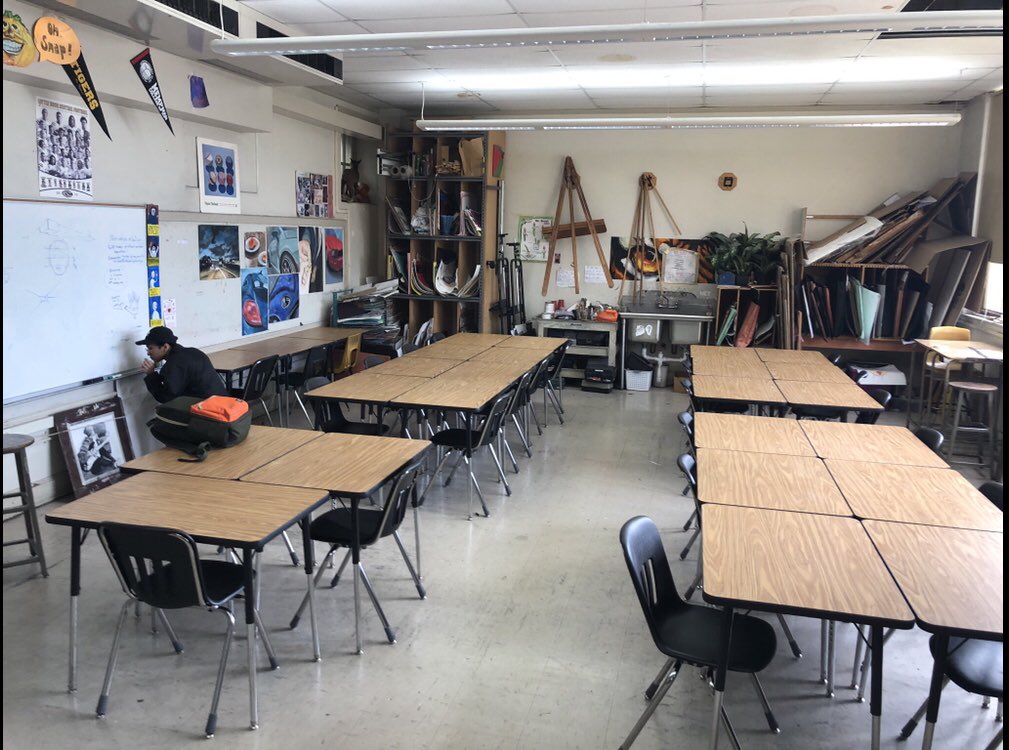 JasonMcCann77's tweet photo. Making my LRSD art room socially distant. I have a big room, but this is the best I can do. Here’s the new setup and how it’s usually arranged. Impossible to get safe spacing even with only 16 kids(most classes are 20-25) If you can, keep the kids home. It’s not safe https://t.co/i9A8A8UccT
