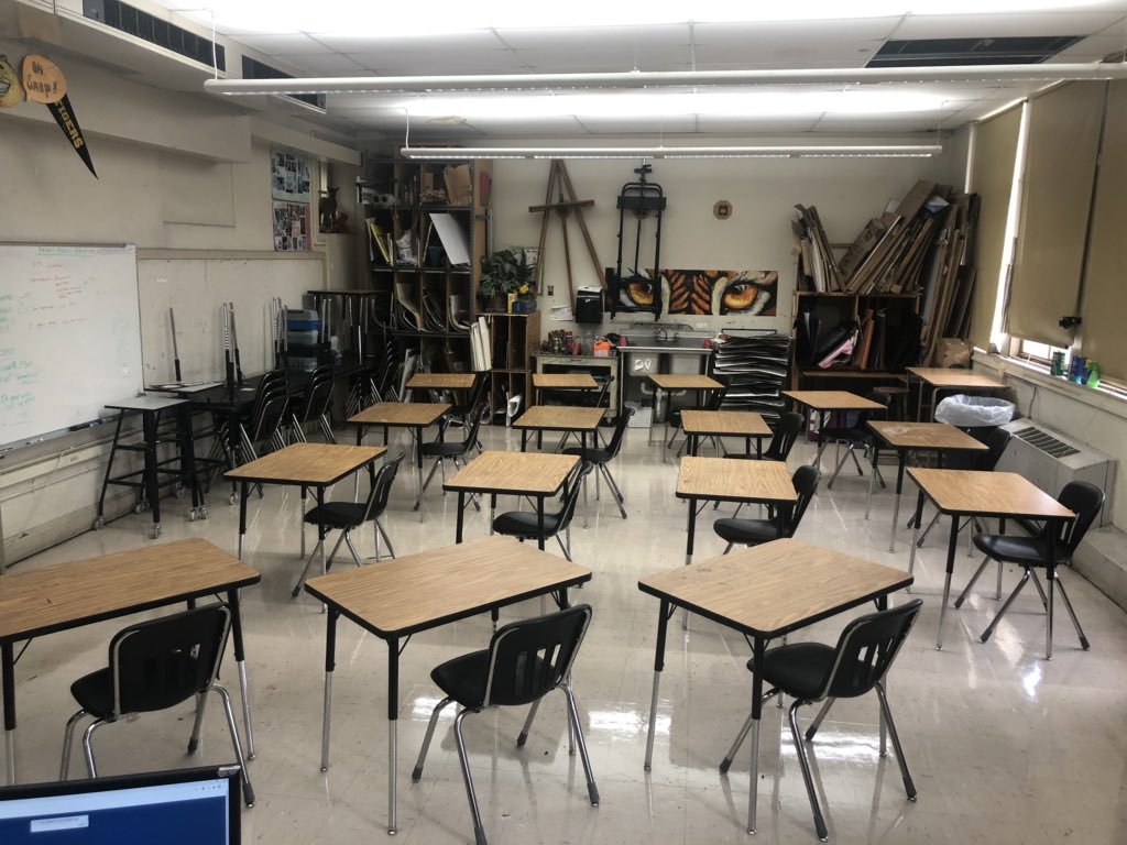 JasonMcCann77's tweet photo. Making my LRSD art room socially distant. I have a big room, but this is the best I can do. Here’s the new setup and how it’s usually arranged. Impossible to get safe spacing even with only 16 kids(most classes are 20-25) If you can, keep the kids home. It’s not safe https://t.co/i9A8A8UccT