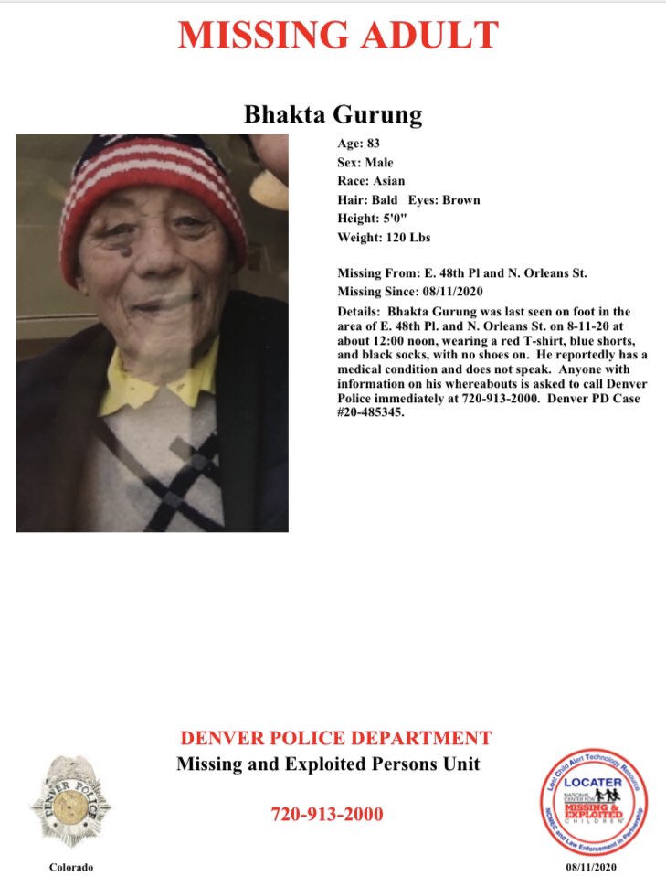 #Denver have you seen Bhakta? If so please call 720-913-2000. He was last seen on foot near the area of E. 48th Pl. and N Orleans St.