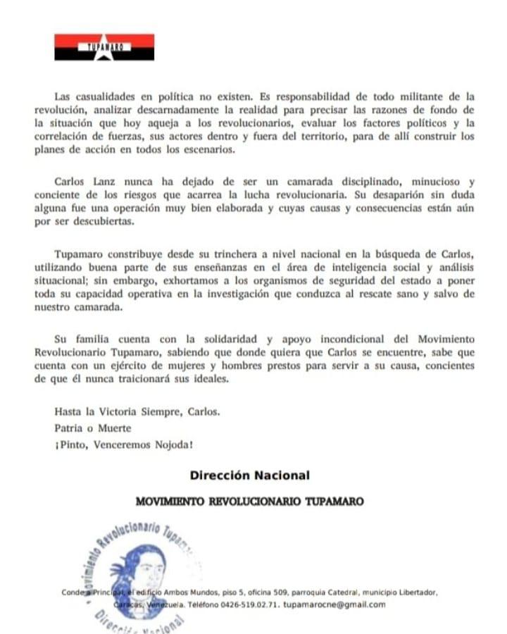 #11Agosto Los #Tupamaros nos unimos en una cadena de solidaridad por Carlos Lanz y su familia #¿DondeEstáCarlosLanz? #UnionYLuchaConElPueblo