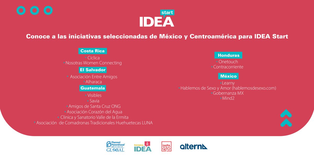 Alterna_Impact's tweet photo. ¡Te presentamos a los modelos de negocio de Centroamérica y México que respondieron al desafío #IDEAStart! Síguenos en los próximos meses para conocer su potencial de impacto en la salud y los derechos reproductivos de la región 🌼 https://t.co/Xe7ZgphqG2