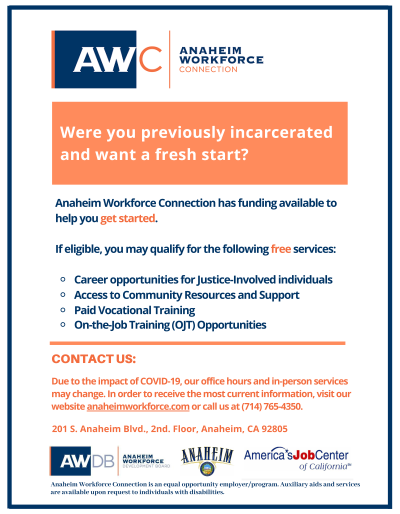 AWConnection's tweet photo. Were you previously incarcerated and want a fresh start? Anaheim Workforce Connection has funding available to help you get started! View flyer for details.
#AWConnection #Anaheim #Opportunities https://t.co/LV9U14sqAd