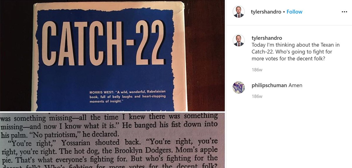 Shandy's world view didn't change much between then and the 2016 US Presidential election when he posted on his Insta that some human beings ("decent folk") deserve more votes than others, invoking 'the Texan' from Catch-22 (but bro was too stupid to understand the satire).