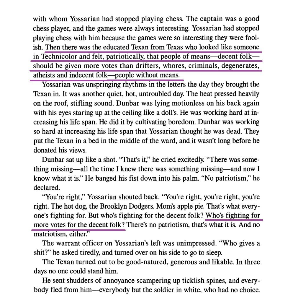 This is the page he posted from the book. The Texan "felt, patriotically, that people of means--DECENT FOLKS--should be given more votes than drifters, whores, criminals, degenerates, atheists and indecent folks--people without means."