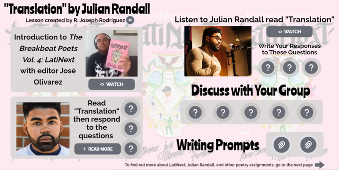 The poem “Translation” by  @JulianThePoet with a lesson created by  @escribescribe Click on both links below for the lesson and an interactive digital image you can share with students  #THEBOOKCHATLesson:  https://bit.ly/Randall_Lesson Interactive image:  https://bit.ly/JRandall_Translation